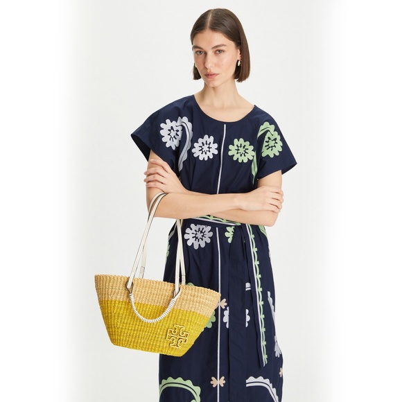 Tory Burch Women's Small Ella Straw Striped Basket Tote - Natural/Banana Yellow - Picture 5 of 8